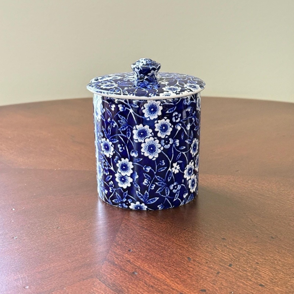 Burleigh Calico Jam Jar Blue White Floral With Lid Made in England Vintage